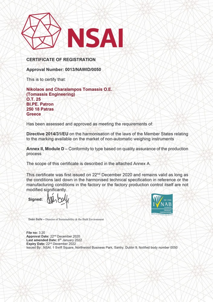 Certificate Tomassis 0013 NAWID 2022-01-06 N C - Τομάσης - Πάτρα