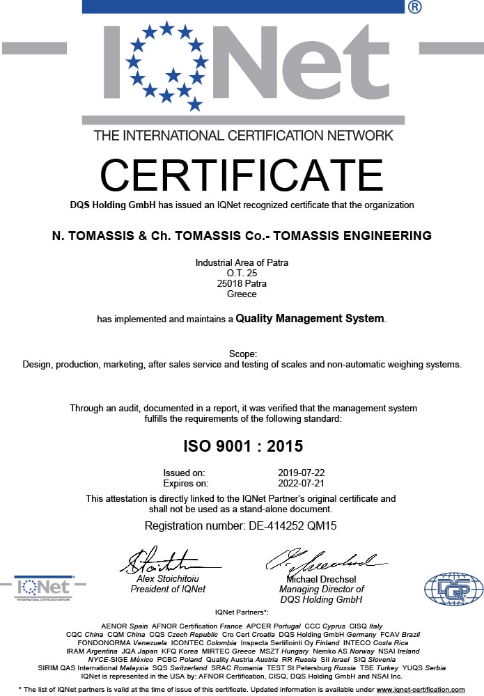 Certificate Tomassis IQNet 414252 QM15 EN - Τομάσης - Πάτρα